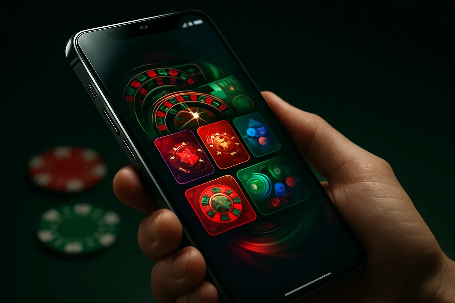 Flagship Android smartphone showing vivid casino app interface in dramatic lighting