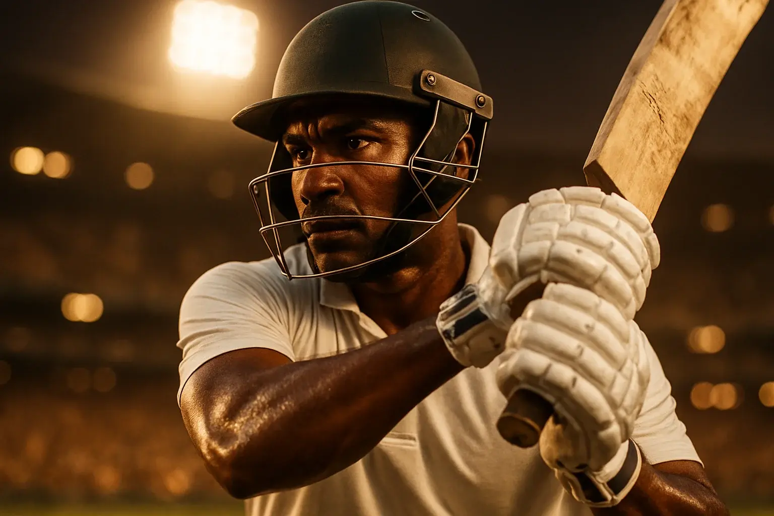 Bangladeshi male cricket batsman in white kit mid-swing under stadium lights