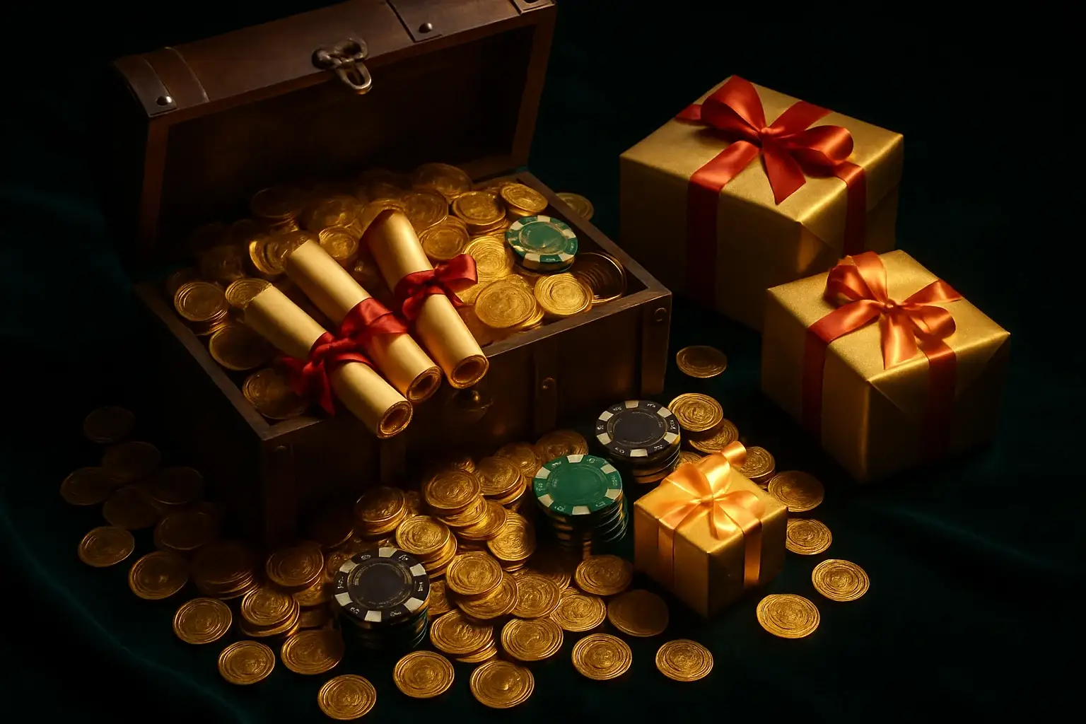 Overflowing treasure chest with coins, casino chips, vouchers, and gift boxes