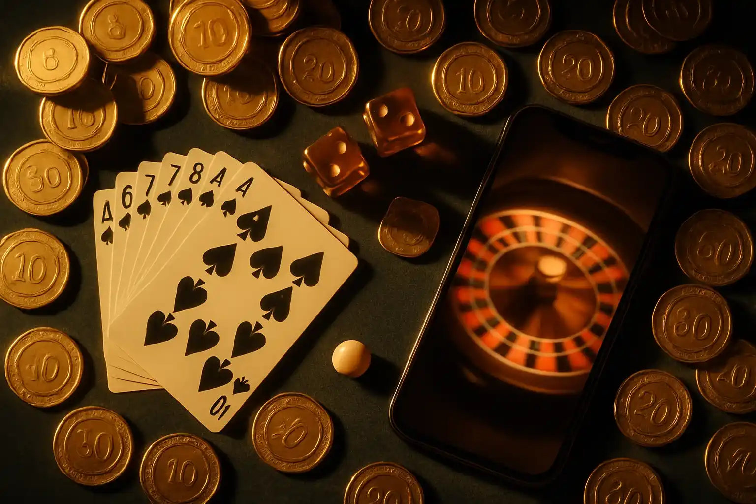 Top-down casino table with golden chips, cards, dice, roulette ball, smartphone