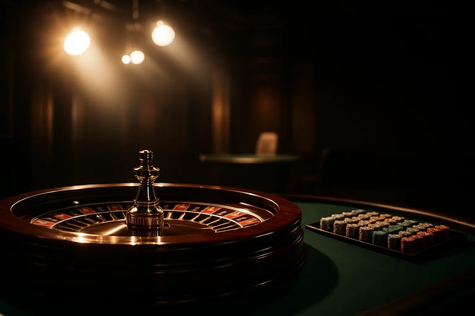 Hyperrealistic live casino studio with empty roulette table and dramatic lighting