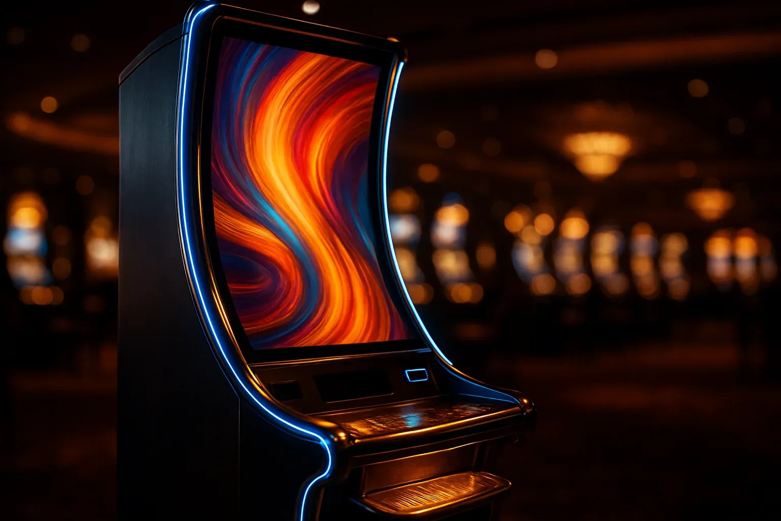 Premium slot machine glowing in dark luxury casino with neon lighting